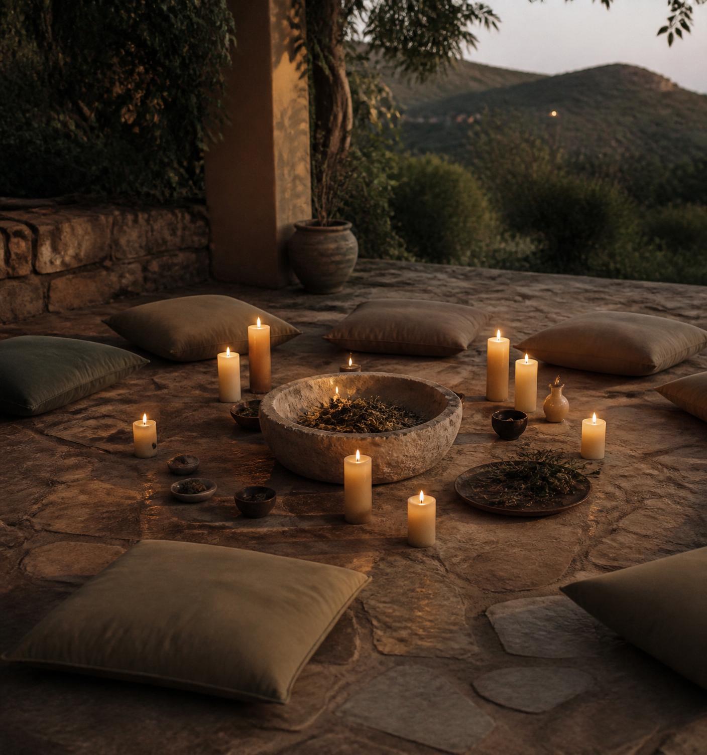Candlelit ceremonial space with soft warm tones