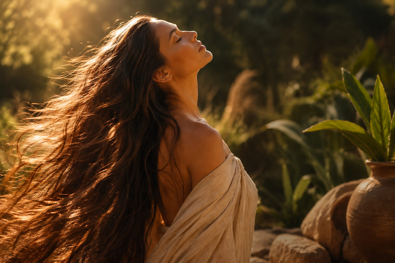 Golden hour portrait, long hair catching the light
