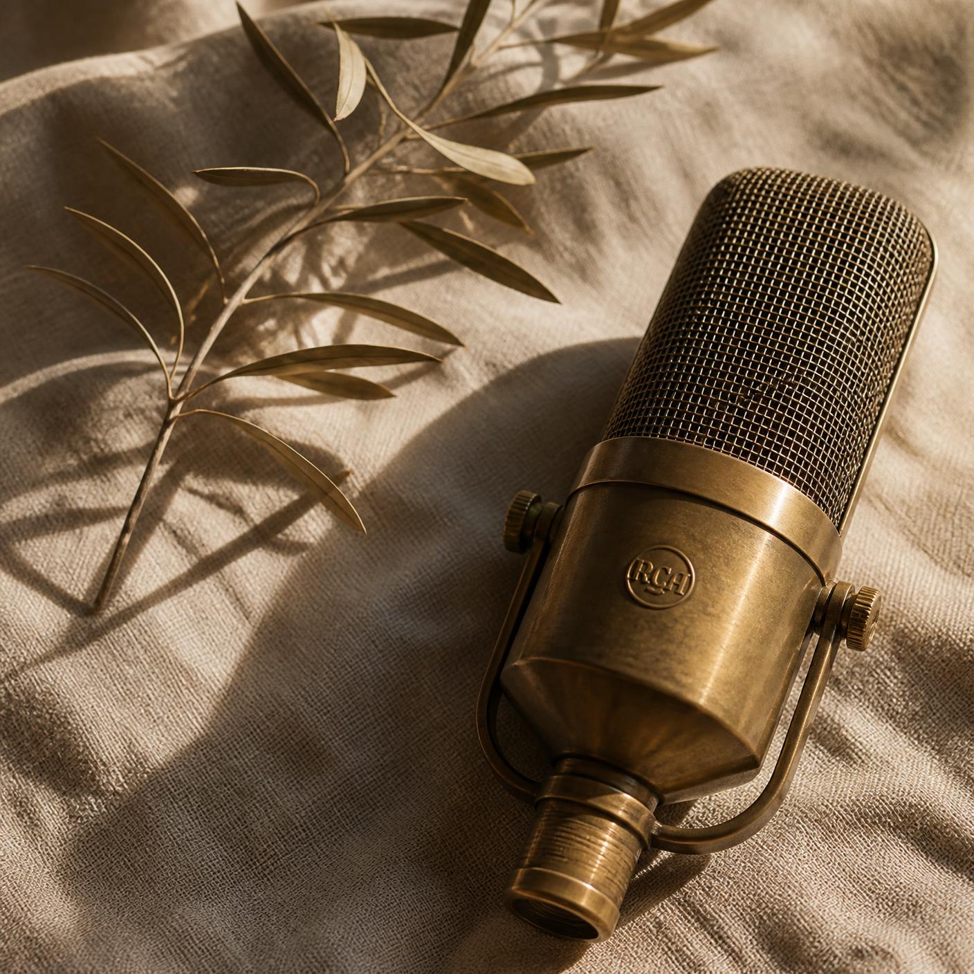 Vintage brass microphone on natural linen
